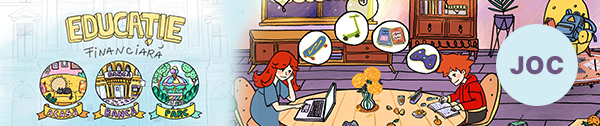 Banner de prezentare al jocului Educatie financiara cu Ana si Radu, compus din primul ecran al aplicatiei si un instantaneu din scenariul Acasa